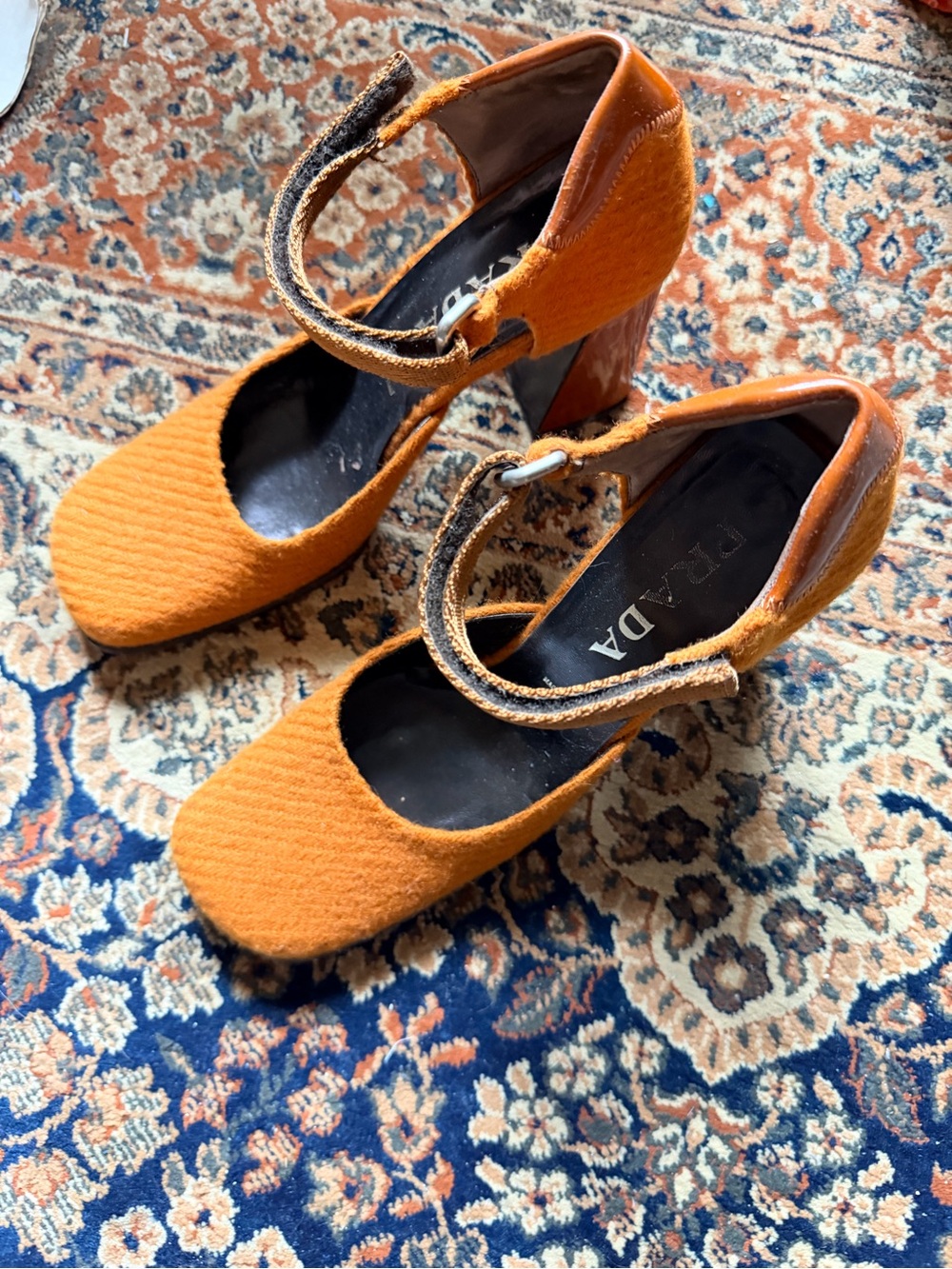 Orange Prada Ankle-Strap Block Heel Pumps - Picture 2 of 5